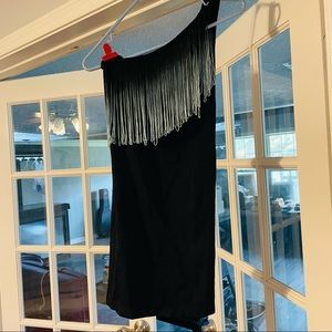 Bebe, black stretch, with ombré fringe, one shoulder fitted mini dress